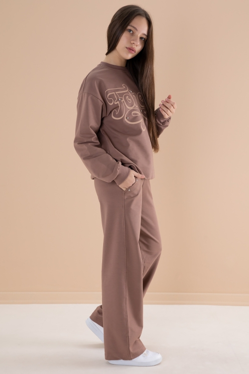 Kahverengi Yazı Baskılı Kız Beli Lastikli Eşofman Takımı 19894