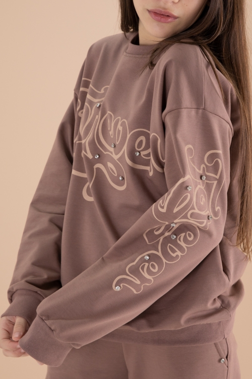 Kahverengi Yazı Baskılı Kız Beli Lastikli Eşofman Takımı 19894