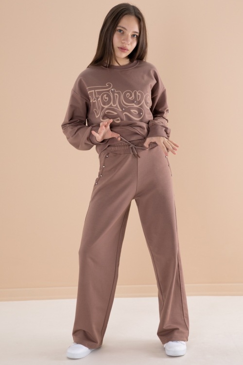 Kahverengi Yazı Baskılı Kız Beli Lastikli Eşofman Takımı 19894
