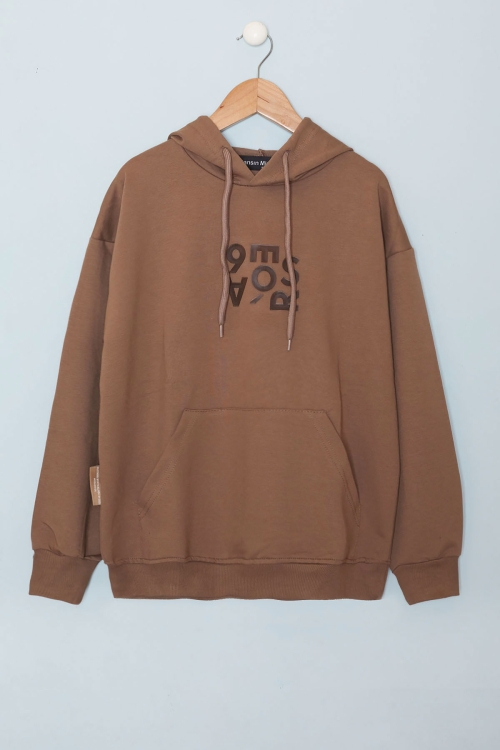 Kahve Yazı Kabartma Baskılı Kapüşonlu Erkek Çocuk Sweatshirt 19352