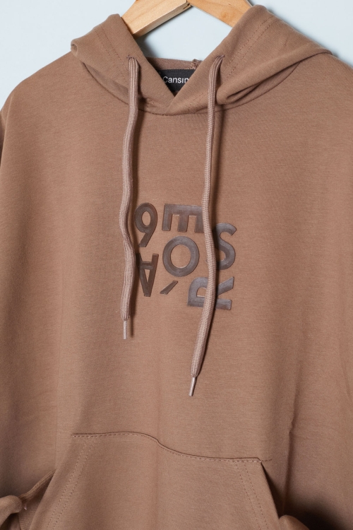 Kahve Yazı Kabartma Baskılı Kapüşonlu Erkek Çocuk Sweatshirt 19352