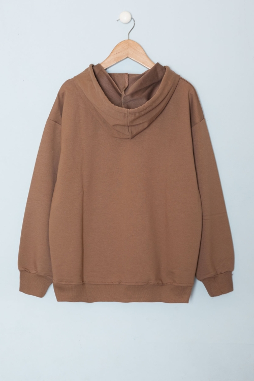 Kahve Yazı Kabartma Baskılı Kapüşonlu Erkek Çocuk Sweatshirt 19352