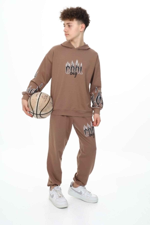 Kahverengi Cool Yazılı Erkek Çocuk Kapüşonlu Eşofman Takımı 19582