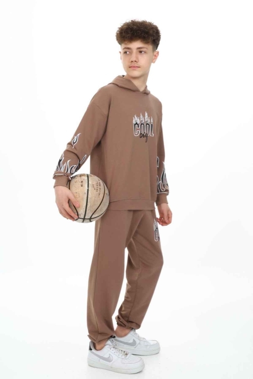 Kahverengi Cool Yazılı Erkek Çocuk Kapüşonlu Eşofman Takımı 19582