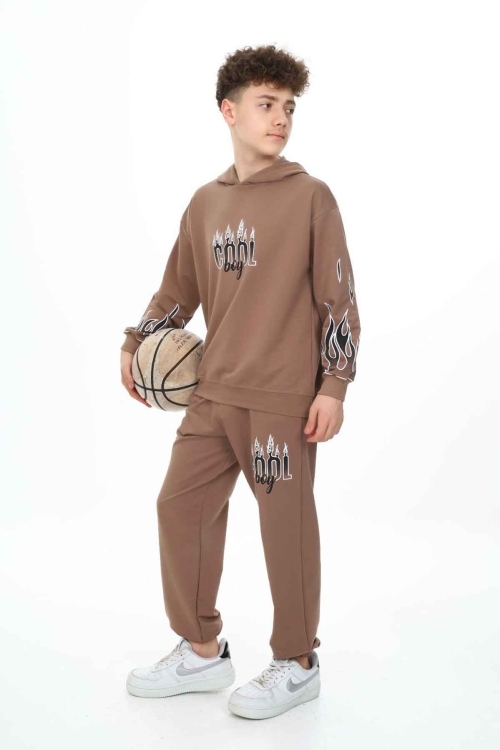 Kahverengi Cool Yazılı Erkek Çocuk Kapüşonlu Eşofman Takımı 19582