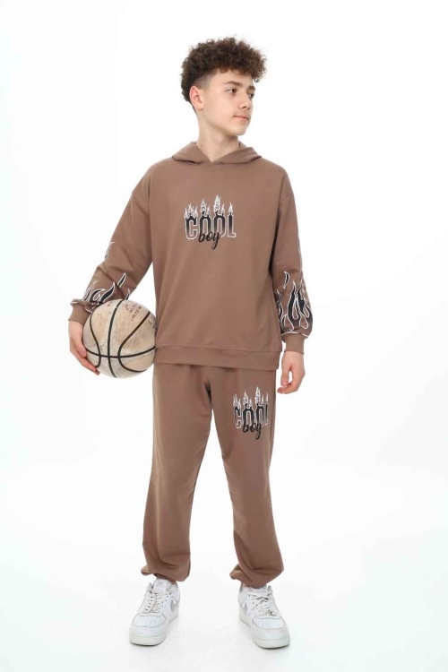 Kahverengi Cool Yazılı Erkek Çocuk Kapüşonlu Eşofman Takımı 19582