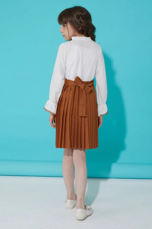 Kahverengi Dantelli Pileli Kız Çocuk Elbise 15072