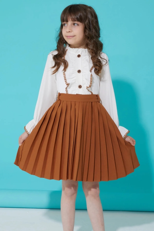 Kahverengi Dantelli Pileli Kız Çocuk Elbise 15072