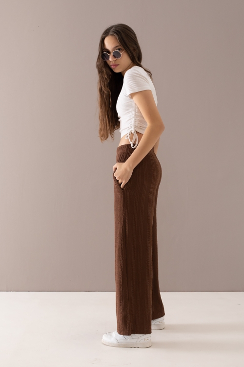 Kahverengi Geniş Paça Desenli Kız Çocuk Pantolon 19788