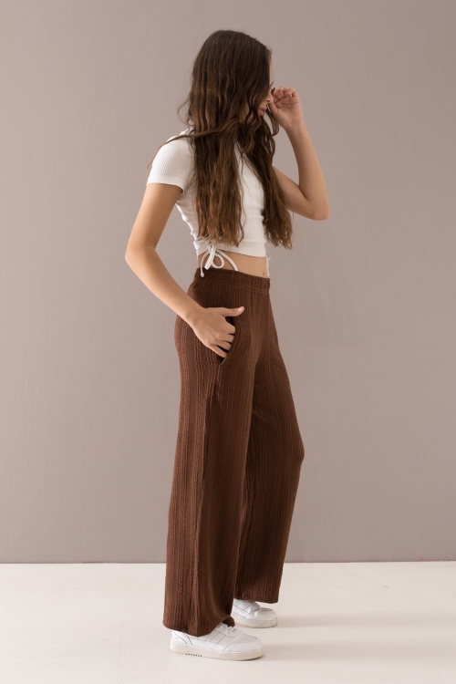 Kahverengi Geniş Paça Desenli Kız Çocuk Pantolon 19788