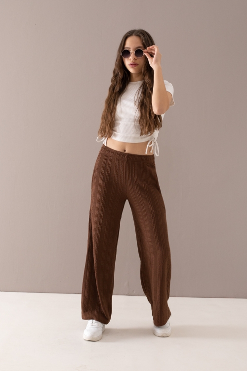 Kahverengi Geniş Paça Desenli Kız Çocuk Pantolon 19788