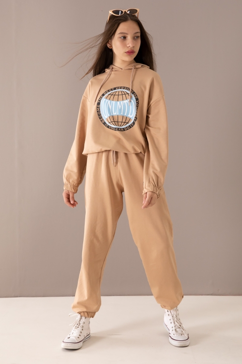 Kahverengi Göğsü Logo Baskılı Kapüşonlu Kız Eşofman Takımı 19763