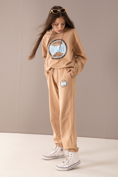 Kahverengi Göğsü Logo Baskılı Kapüşonlu Kız Eşofman Takımı 19763