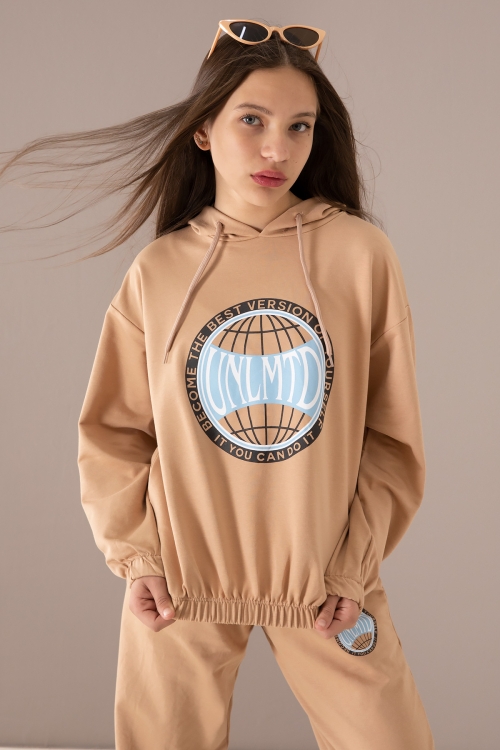 Kahverengi Göğsü Logo Baskılı Kapüşonlu Kız Eşofman Takımı 19763