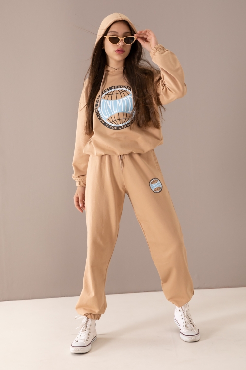 Kahverengi Göğsü Logo Baskılı Kapüşonlu Kız Eşofman Takımı 19763