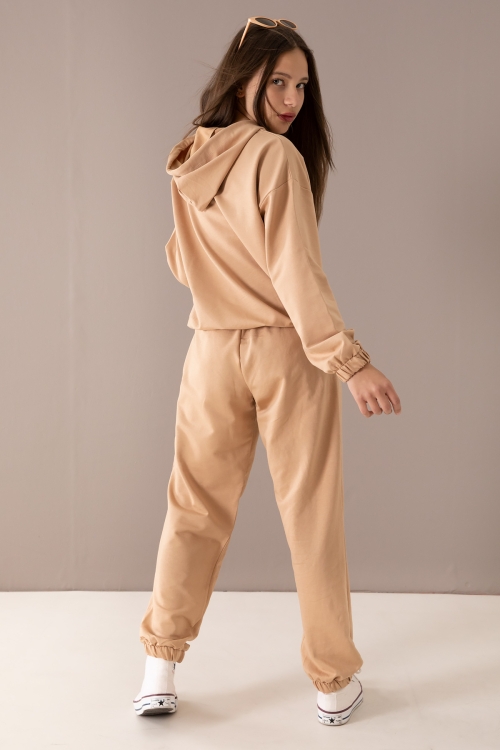 Kahverengi Göğsü Logo Baskılı Kapüşonlu Kız Eşofman Takımı 19763