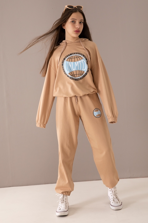 Kahverengi Göğsü Logo Baskılı Kapüşonlu Kız Eşofman Takımı 19763