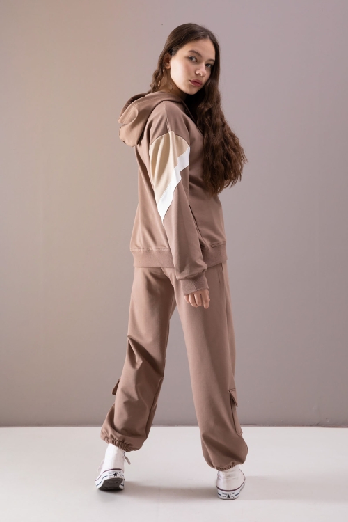 Kahverengi Kargo Cepli Kız Çocuk Logolu İkili Takım 19870