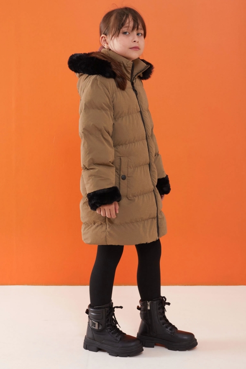 Kahverengi Kolu Kürk Detaylı Kapüşonlu Kız Çocuk Şişme Mont 19515