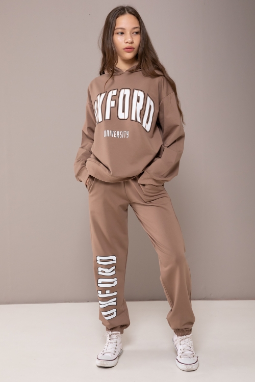 Kahverengi Oxford Baskılı Kapüşonlu Kız Çocuk Eşofman Takımı 19817