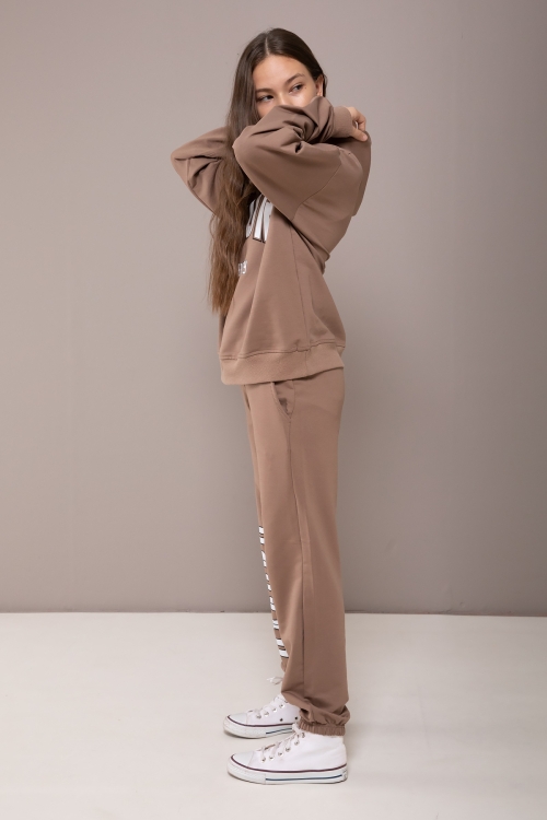 Kahverengi Oxford Baskılı Kapüşonlu Kız Çocuk Eşofman Takımı 19817