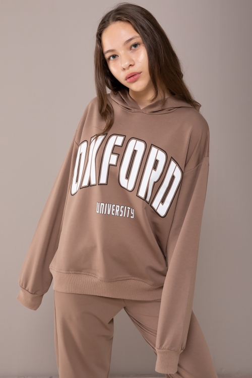 Kahverengi Oxford Baskılı Kapüşonlu Kız Çocuk Eşofman Takımı 19817