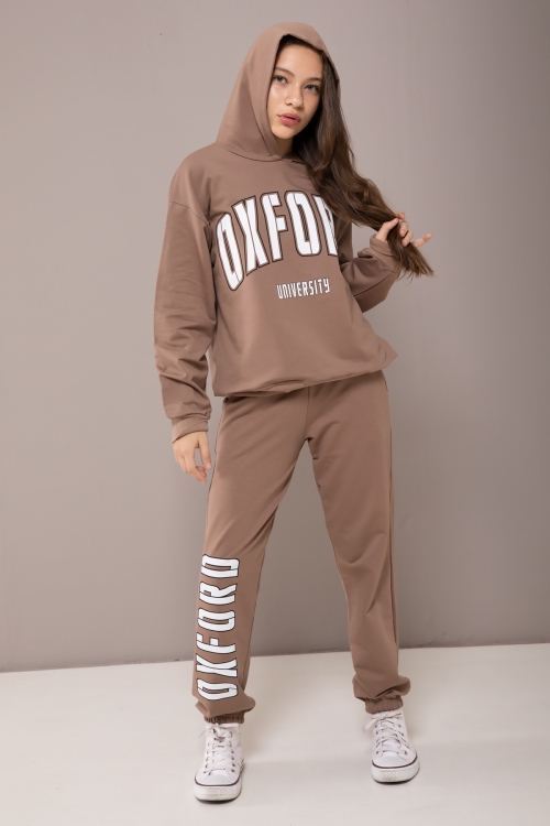 Kahverengi Oxford Baskılı Kapüşonlu Kız Çocuk Eşofman Takımı 19817
