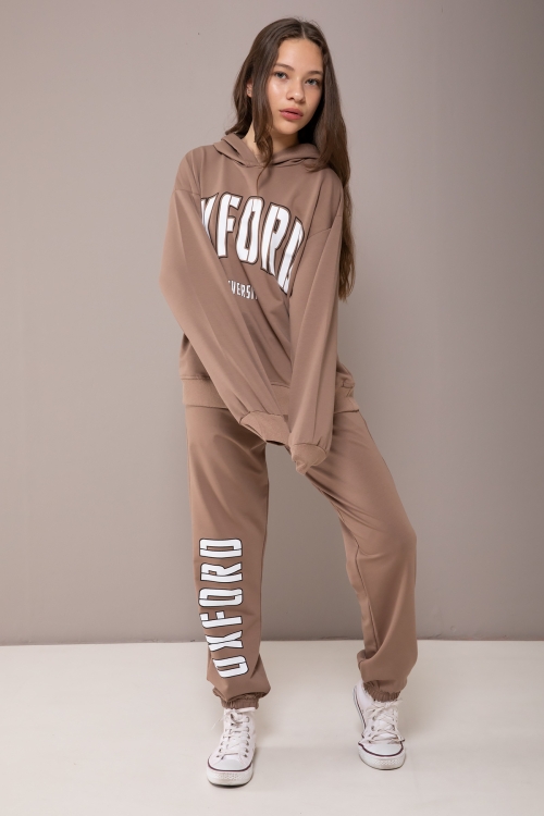 Kahverengi Oxford Baskılı Kapüşonlu Kız Çocuk Eşofman Takımı 19817