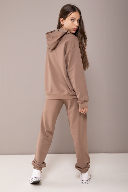 Kahverengi Oxford Baskılı Kapüşonlu Kız Çocuk Eşofman Takımı 19817