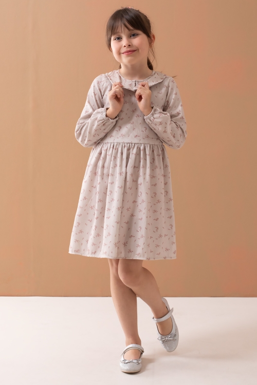 Kiremit Çiçek Desenli Süveterli Uzun Kol Kız Çocuk Elbise 19543