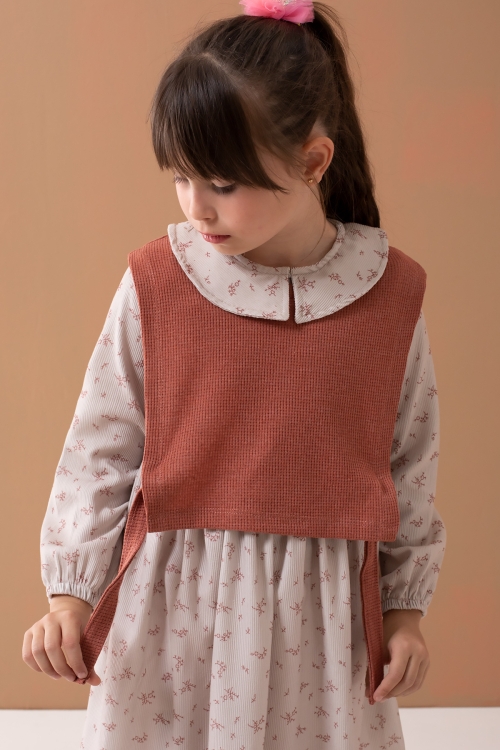 Kiremit Çiçek Desenli Süveterli Uzun Kol Kız Çocuk Elbise 19543