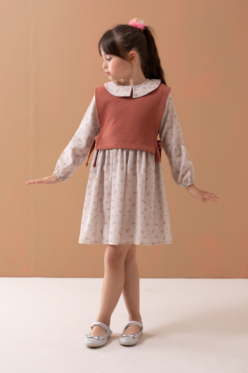 Kiremit Çiçek Desenli Süveterli Uzun Kol Kız Çocuk Elbise 19543