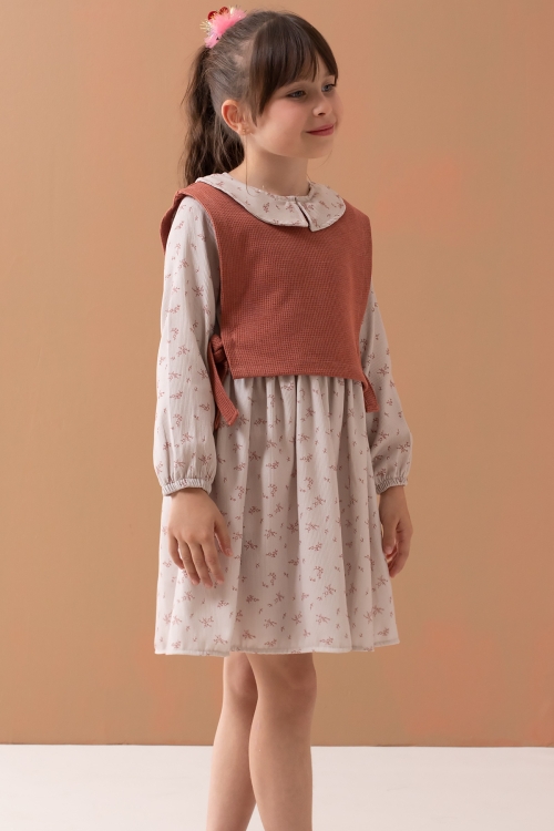 Kiremit Çiçek Desenli Süveterli Uzun Kol Kız Çocuk Elbise 19543