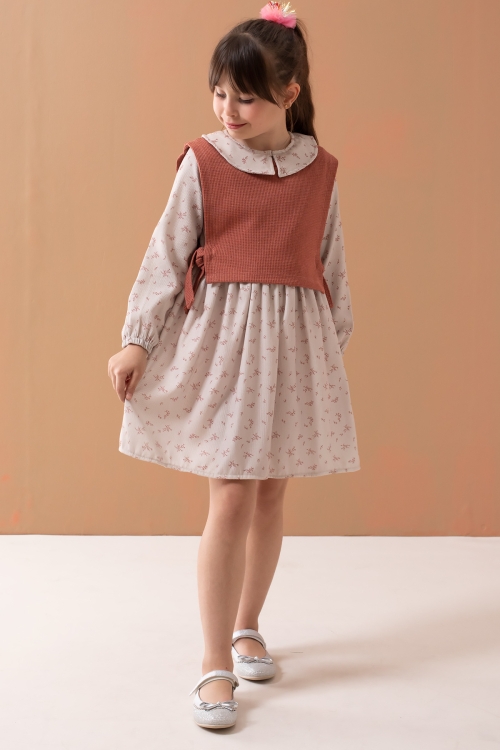 Kiremit Çiçek Desenli Süveterli Uzun Kol Kız Çocuk Elbise 19543