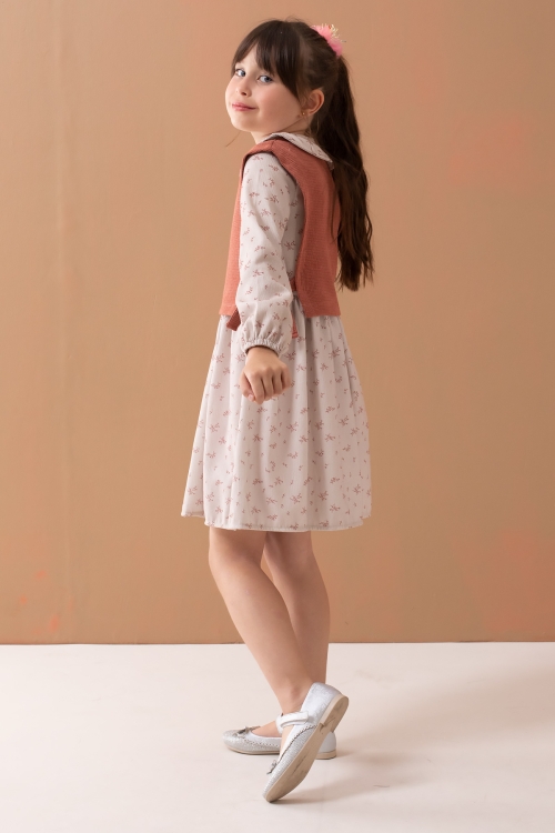 Kiremit Çiçek Desenli Süveterli Uzun Kol Kız Çocuk Elbise 19543