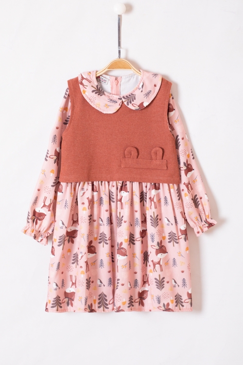 Kiremit Sevimli Desenli Süveterli Kız Çocuk Elbise 19551