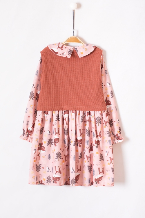 Kiremit Sevimli Desenli Süveterli Kız Çocuk Elbise 19551