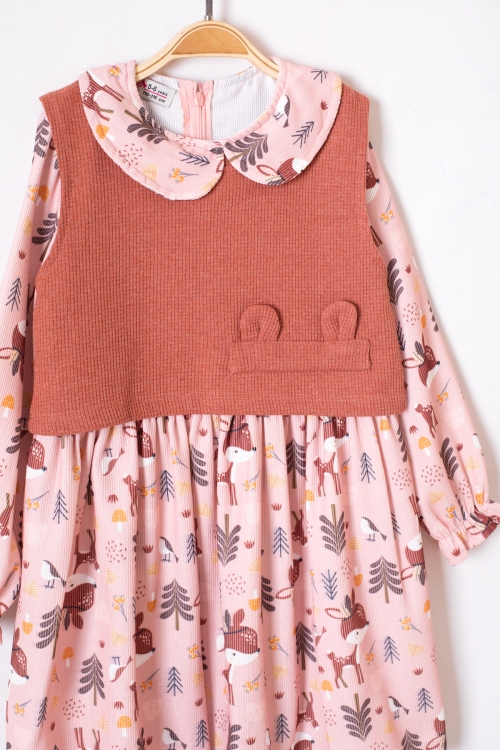 Kiremit Sevimli Desenli Süveterli Kız Çocuk Elbise 19551