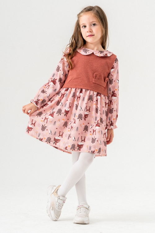 Kiremit Sevimli Desenli Süveterli Kız Çocuk Elbise 19551