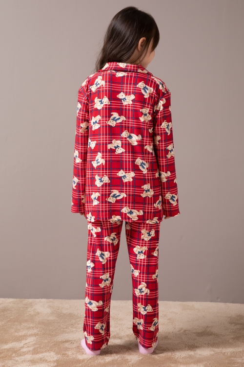 Kırmızı Ayıcıklı Ekose Desen Kız Çocuk Düğmeli Pijama Takımı 19855