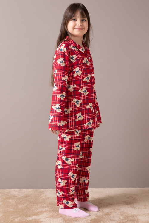 Kırmızı Ayıcıklı Ekose Desen Kız Çocuk Düğmeli Pijama Takımı 19855