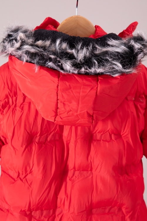 Kırmızı Baskı Desenli Fermuarlı Cepli İçi Kürklü Kız Çocuk Kapüşonlu Mont 19887