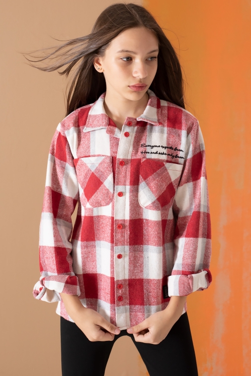 Kırmızı Ekose Desenli Cepli Kız Çocuk Oduncu Gömlek 19681