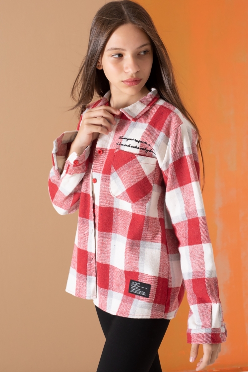Kırmızı Ekose Desenli Cepli Kız Çocuk Oduncu Gömlek 19681