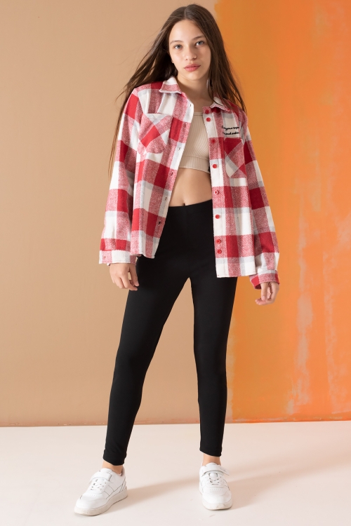 Kırmızı Ekose Desenli Cepli Kız Çocuk Oduncu Gömlek 19681