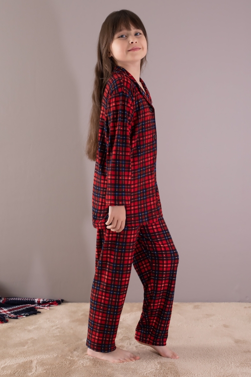 Kırmızı Ekose Desenli Düğmeli Kız Çocuk Pijama Takımı 19791