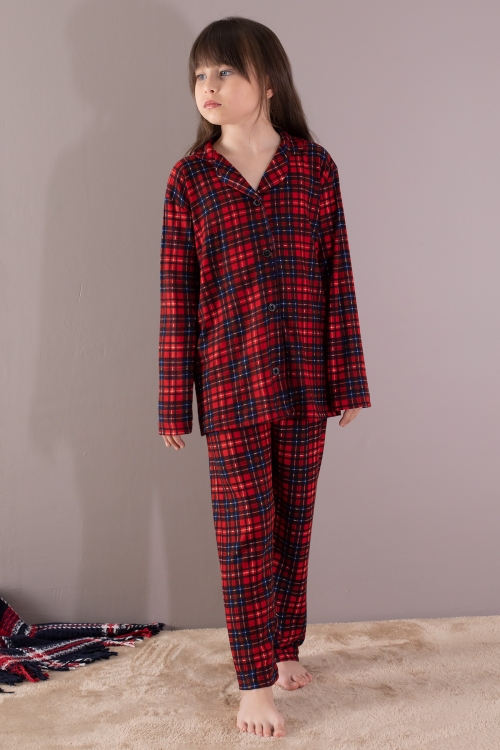 Kırmızı Ekose Desenli Düğmeli Kız Çocuk Pijama Takımı 19791