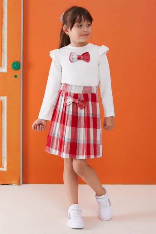 Kırmızı Ekose Etekli Fiyonklu Badili Kız Çocuk Elbise Takımı 5-9 Yaş 17735
