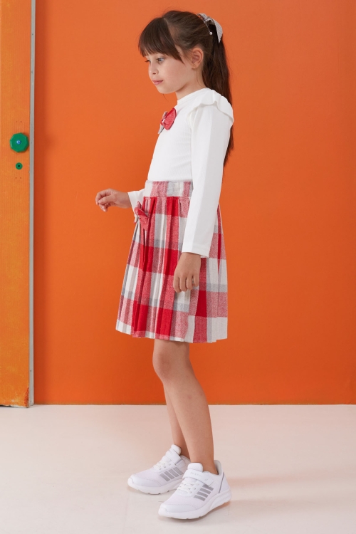Kırmızı Ekose Etekli Fiyonklu Badili Kız Çocuk Elbise Takımı 5-9 Yaş 17735