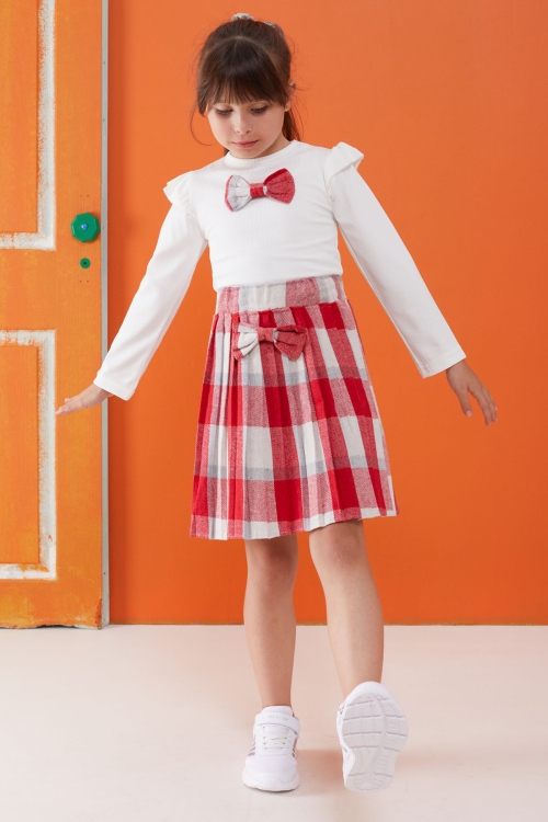 Kırmızı Ekose Etekli Fiyonklu Badili Kız Çocuk Elbise Takımı 5-9 Yaş 17735
